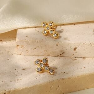 Zircon Cross Stud Earrings 18K Gold Plated Minimalist‎